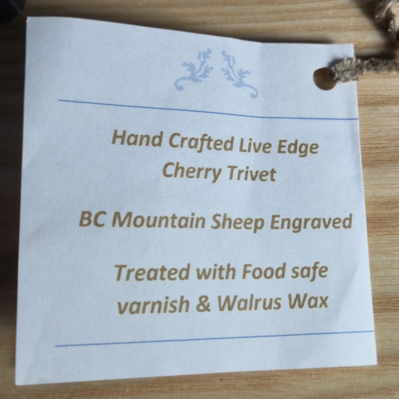 Handcrafted Live Edge Cherry Wood Trivet BC Mountain Sheep Engraved - Picture 7 of 8